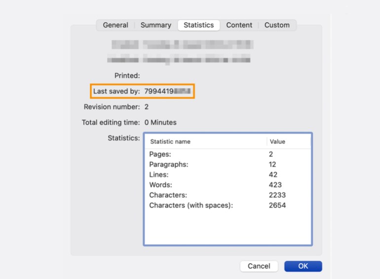 A picture showing a string of numbers in the metadata of a Word document.