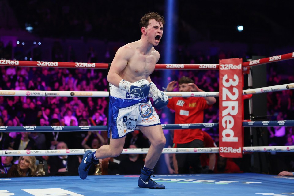 LIVERPOOL, ENGLAND - MARCH 15: Jack Turner celebrates victory after knocking out Ryan Farrag during the WBA International Super Flyweight title fight between Jack Turner and Ryan Farrag as part of the Hard Days Night card by Queensberry Promotions at M&S Bank Arena on March 15, 2025 in Liverpool, England. (Photo by Jan Kruger/Getty Images)