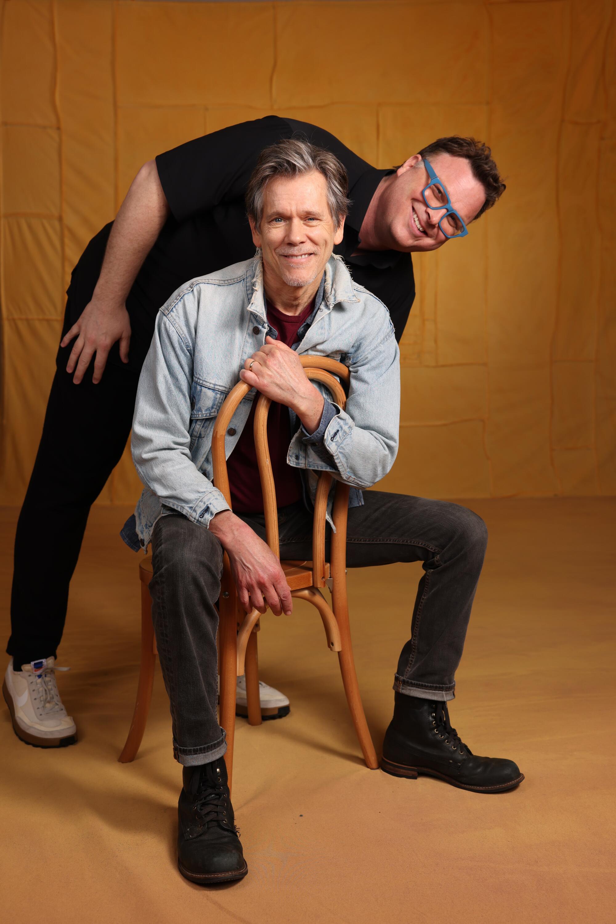 Erik Oleson and Kevin Bacon from the TV show "The Bondsman" at the Los Angeles Times 2025 SXSW film festival studio