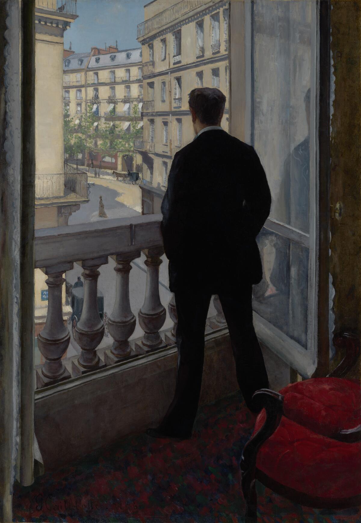 In an Impressionist painting, a man stands on a balcony looking out at Paris buildings.