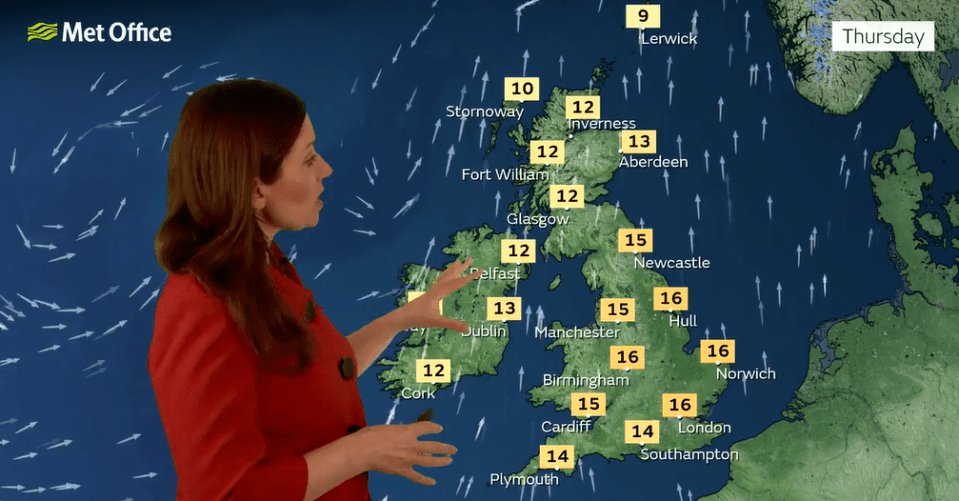 Weather forecast map of the UK showing temperatures and wind directions.