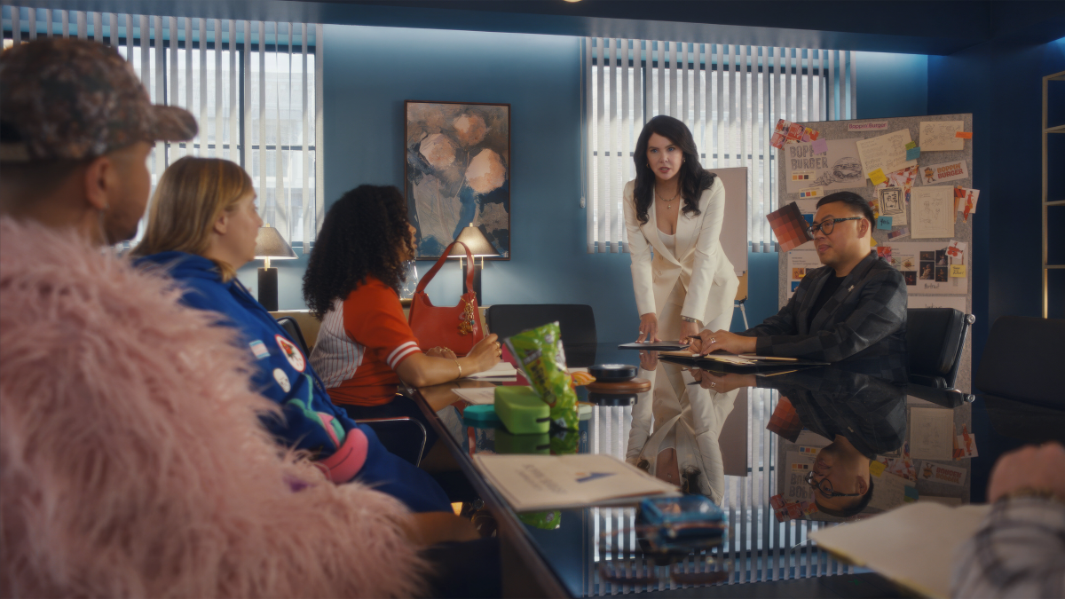 Spencer Stevensont, Anna Bezahler, Madison Shamoun, Lauren Graham and Nico Santos in a conference room "The Z-Suite."