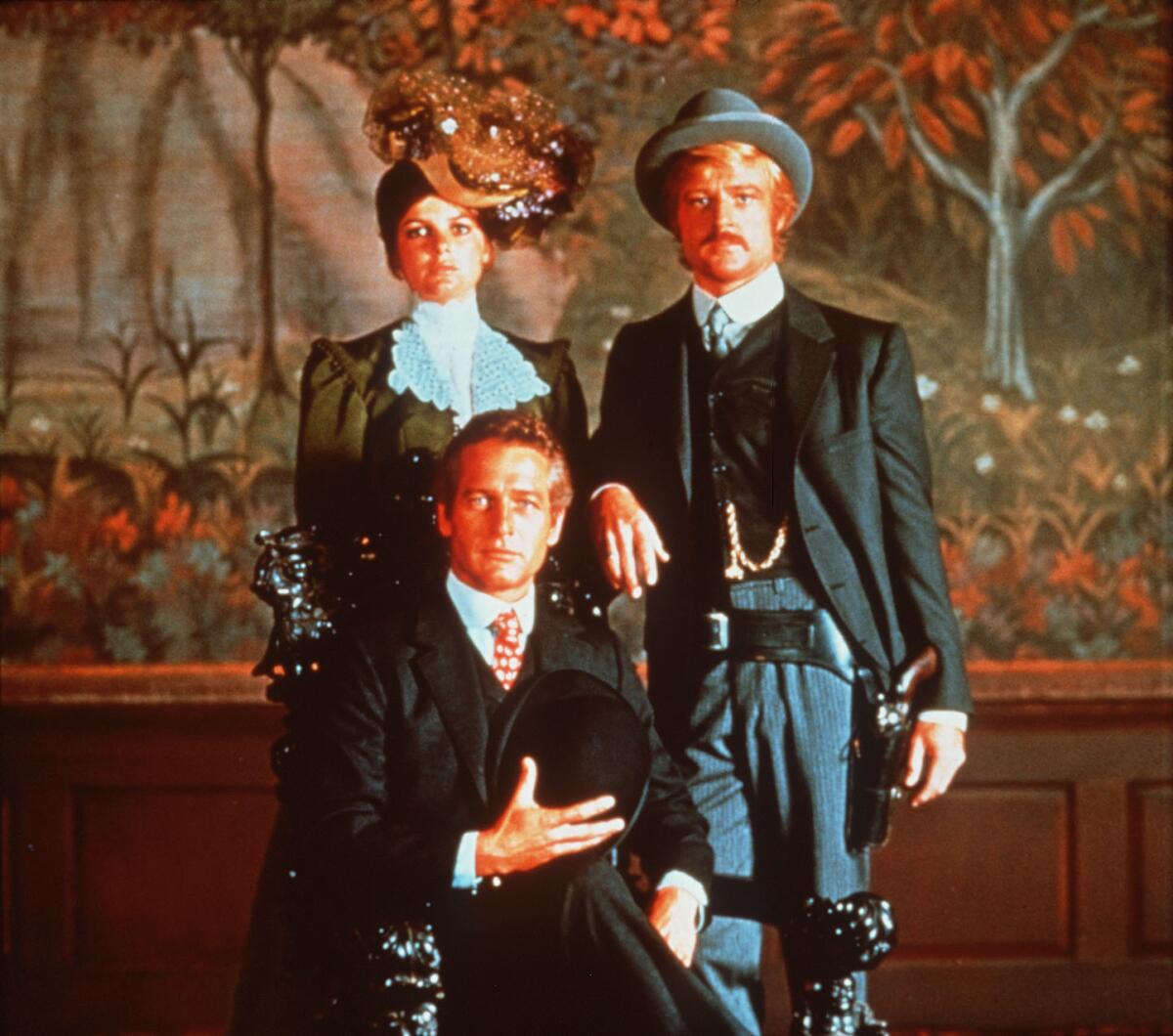 Katherine Ross, Paul Newman, seated, and Robert Redford in the 1969 movie "Butch Cassidy and the Sundance Kid."