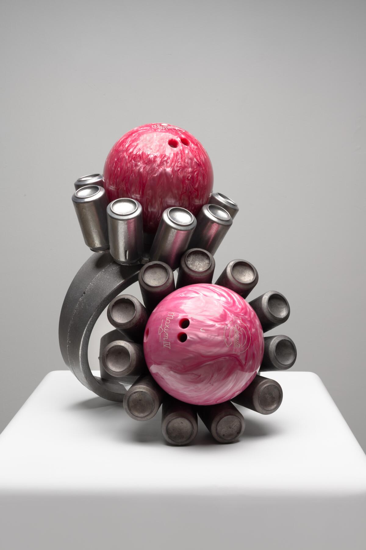 "Sweet Nothings," 2025. Aluminum and bowling balls. 223⁄4 x 183⁄4 x 221⁄4 in. (57.78 x 47.63 x 56.52 cm) by Kathleen Ryan.