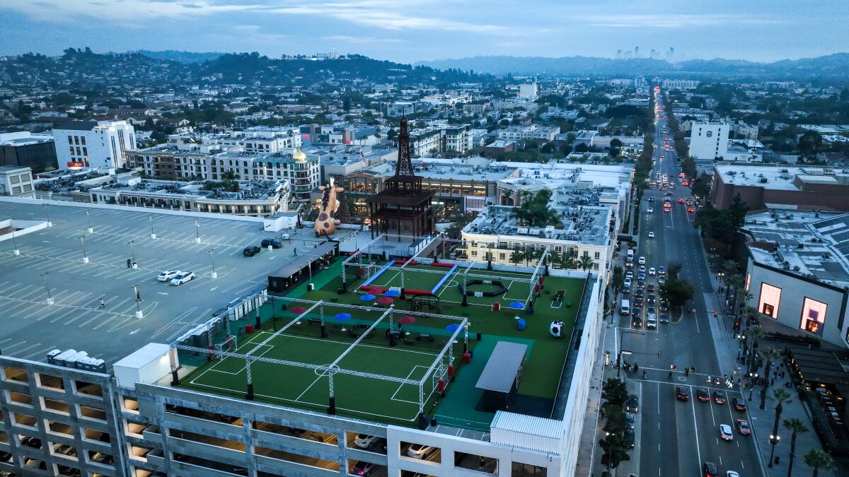 Aerial view of Skyline Pitch, soccer complex located atop a parking structure at the Americana at Brand.