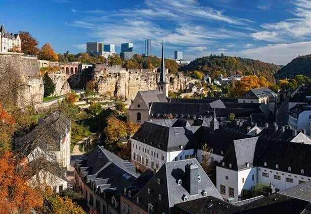 Scenic Autumn View of Luxembourg Old Town (Ville Basse) and Modern Skyline