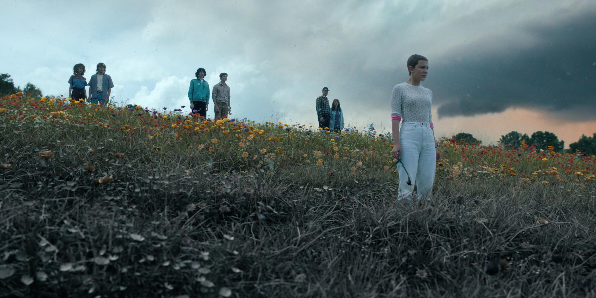 A still photo from "Stranger Things" of a group of people gathered in a field with dark clouds. 