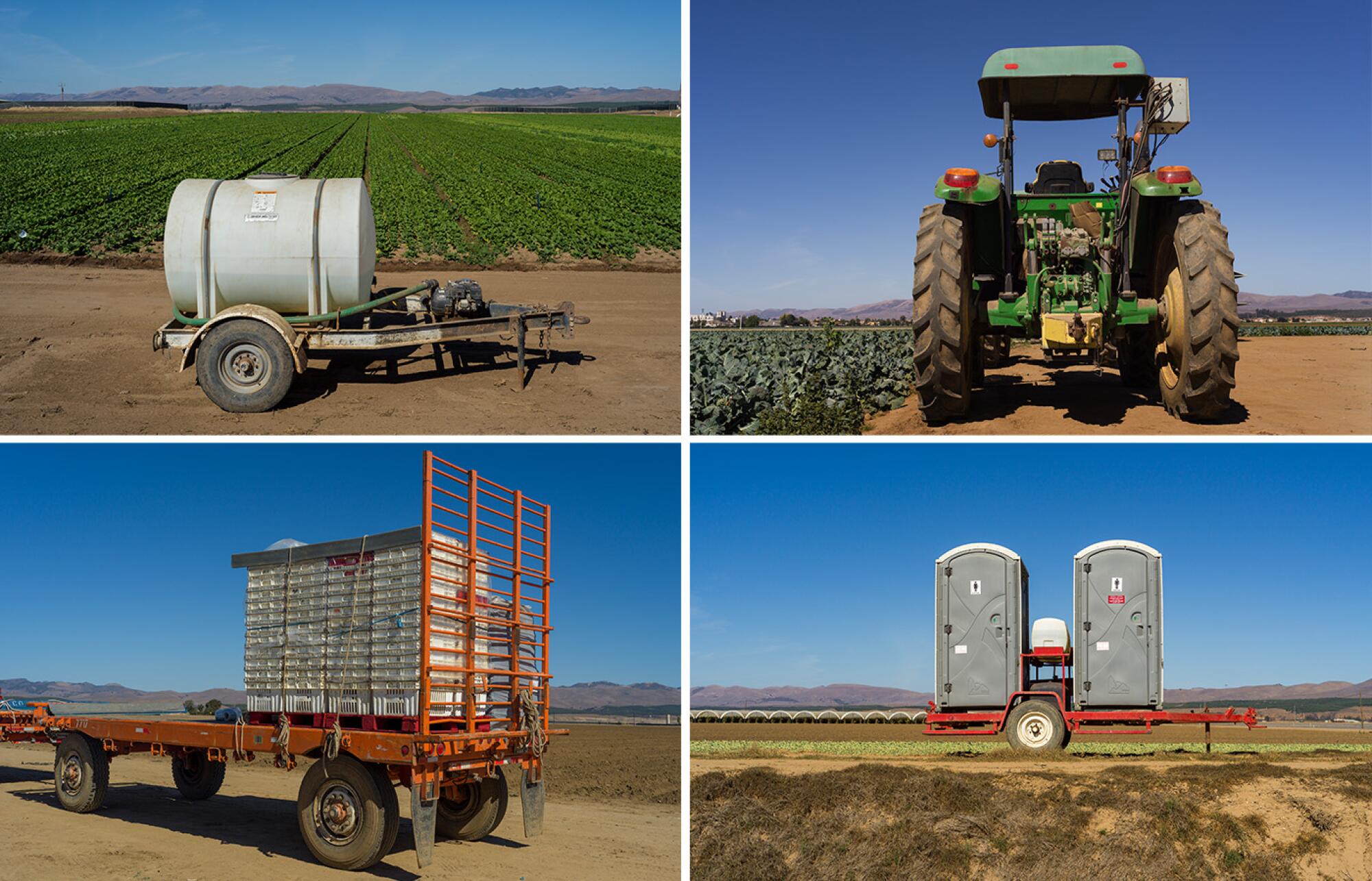 Four photos of agricultural machinery in the field