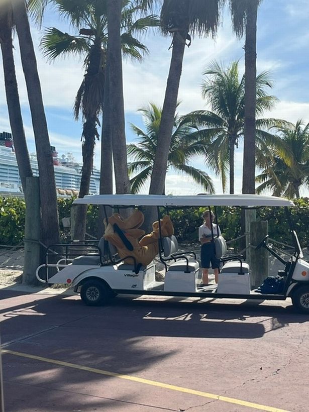 Disney's Pluto lounges on a golf cart in the Bahamas