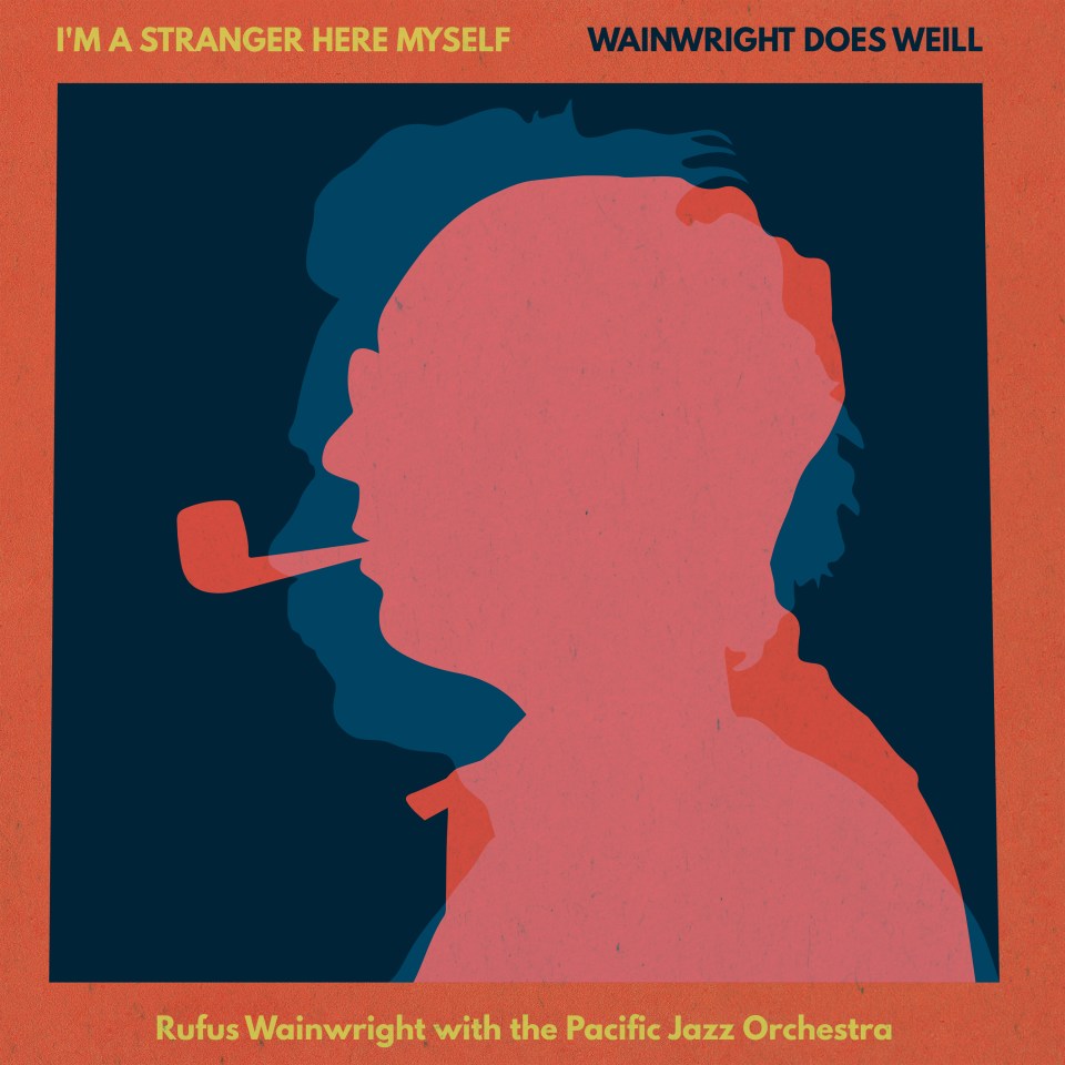 Illustration of two head silhouettes on a dark blue background with text "I'M A STRANGER HERE MYSELF" and "WAINWRIGHT DOES WEILL" at the top and "Rufus Wainwright with the Pacific Jazz Orchestra" at the bottom.