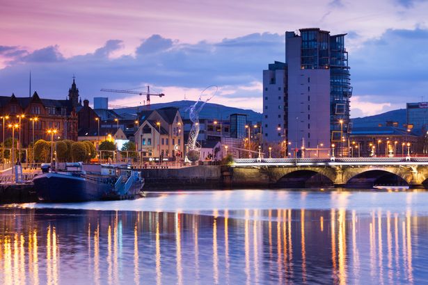 Belfast, city skyline along the River Lagan