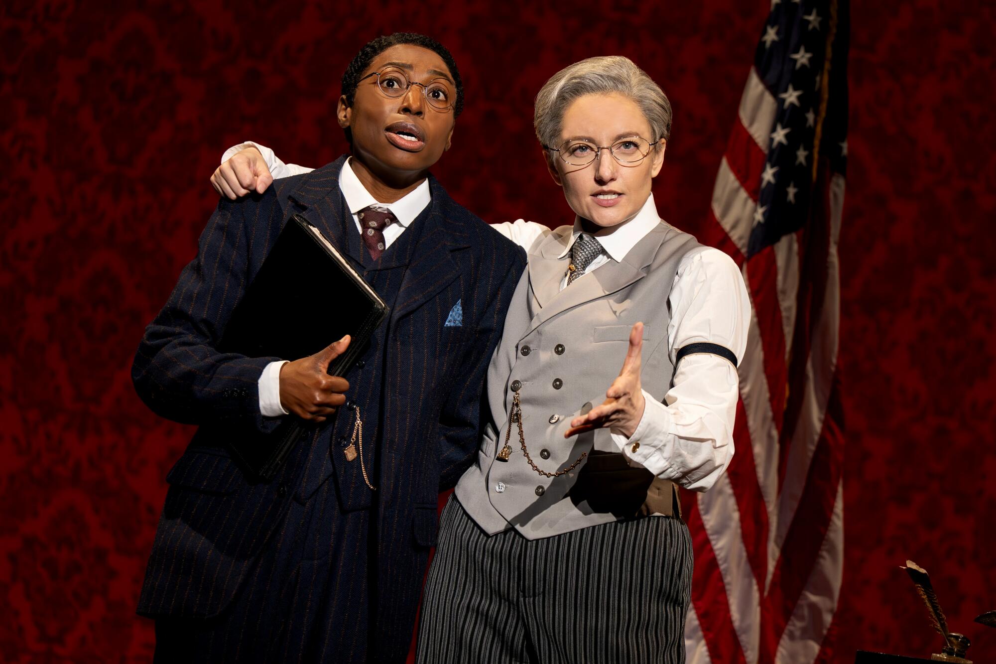 Brandi Porter, left, and Jenny Ashman as President Woodrow Wilson in "Suffs."