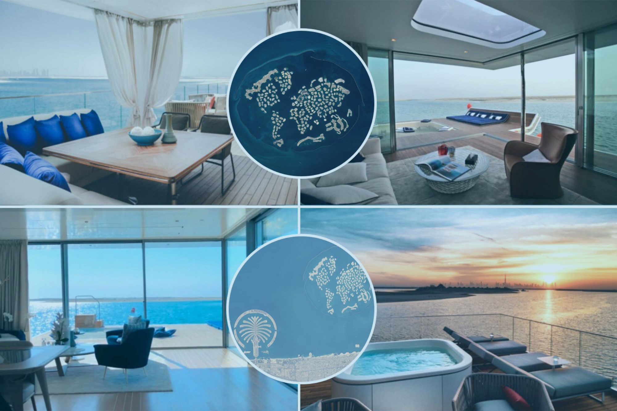 An image collage containing 1 images, Image 1 shows Collage of luxurious rooms with ocean views and circular aerial views of Dubai's Palm Jumeirah and The World Islands