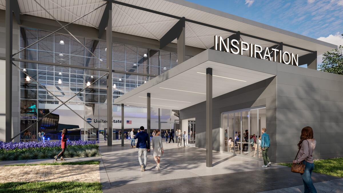 This is a rendering of the completed front entrance of the Columbia Memorial Space Center in Downey.