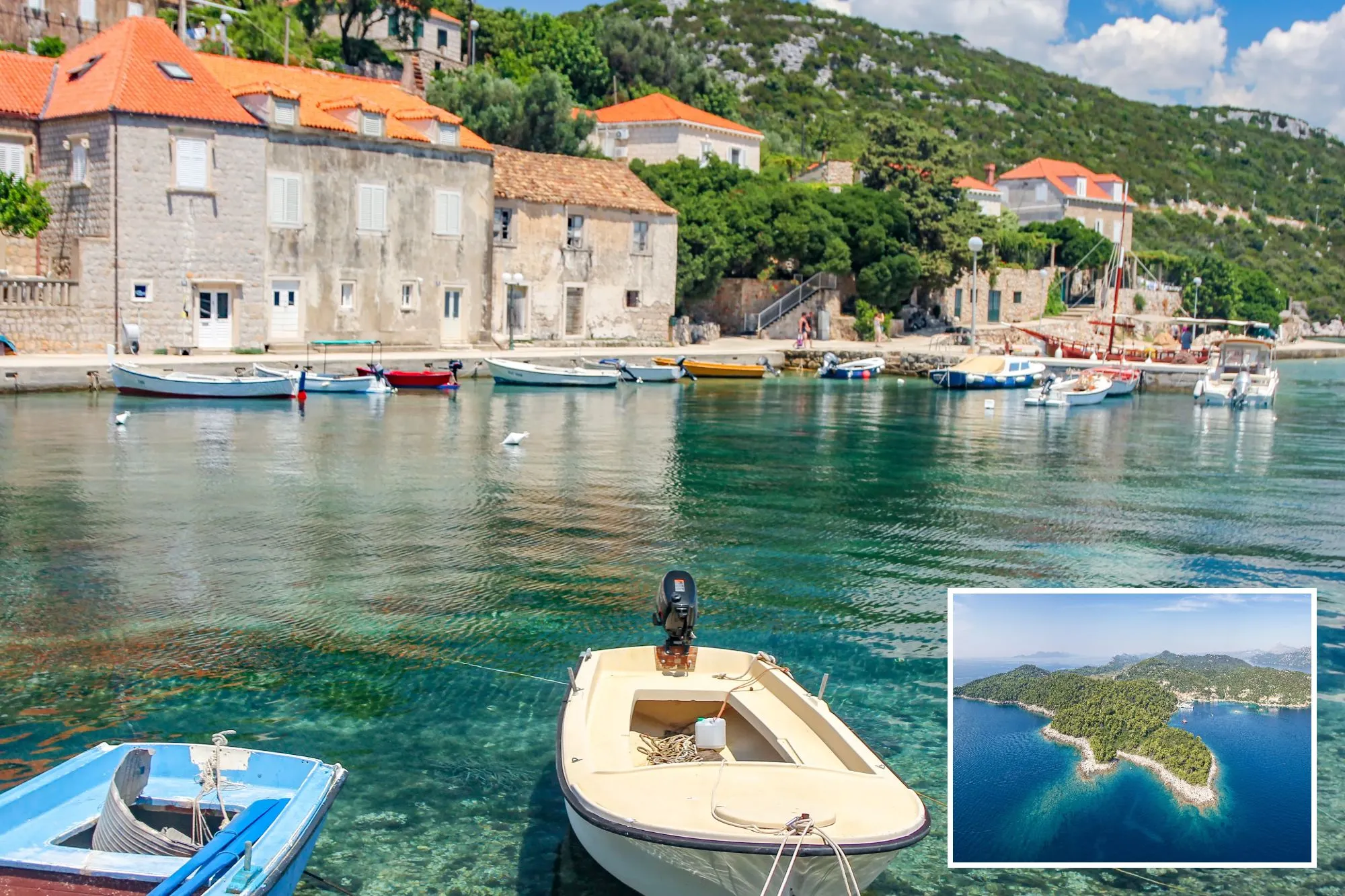 An image collage containing 2 images, Image 1 shows Fishing boats moored in the clear water of Šuđurađ harbor, with stone houses and a green hillside in the background, Image 2 shows Aerial panoramic view of Sipan island in the Elafiti archipelago, Croatia
