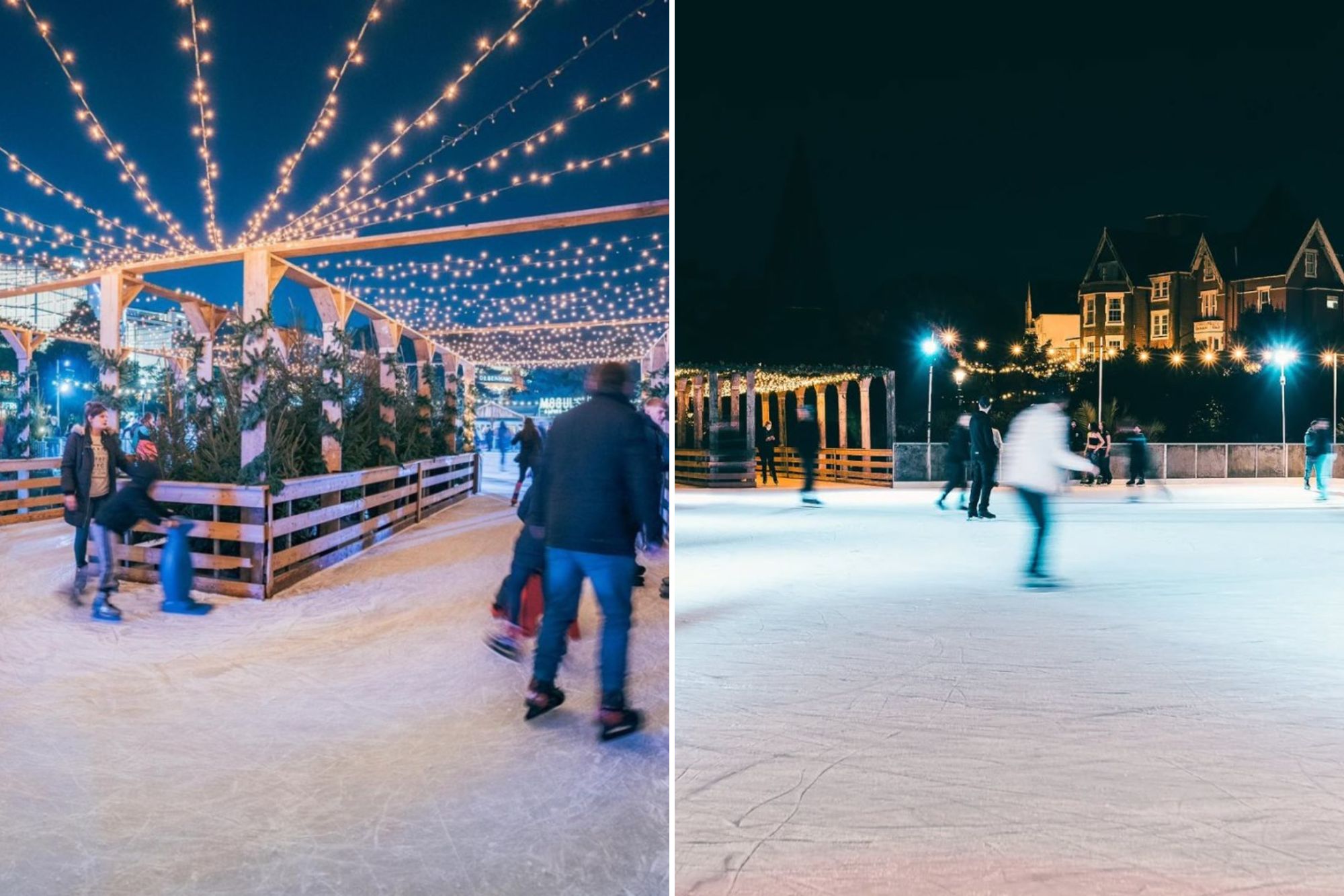 An image collage containing 2 images, Image 1 shows People ice skating on an outdoor rink at night, surrounded by wooden fences decorated with evergreen trees and overhead string lights, Image 2 shows People ice skating at night at the UK's longest ice rink in Bournemouth's Lower Gardens