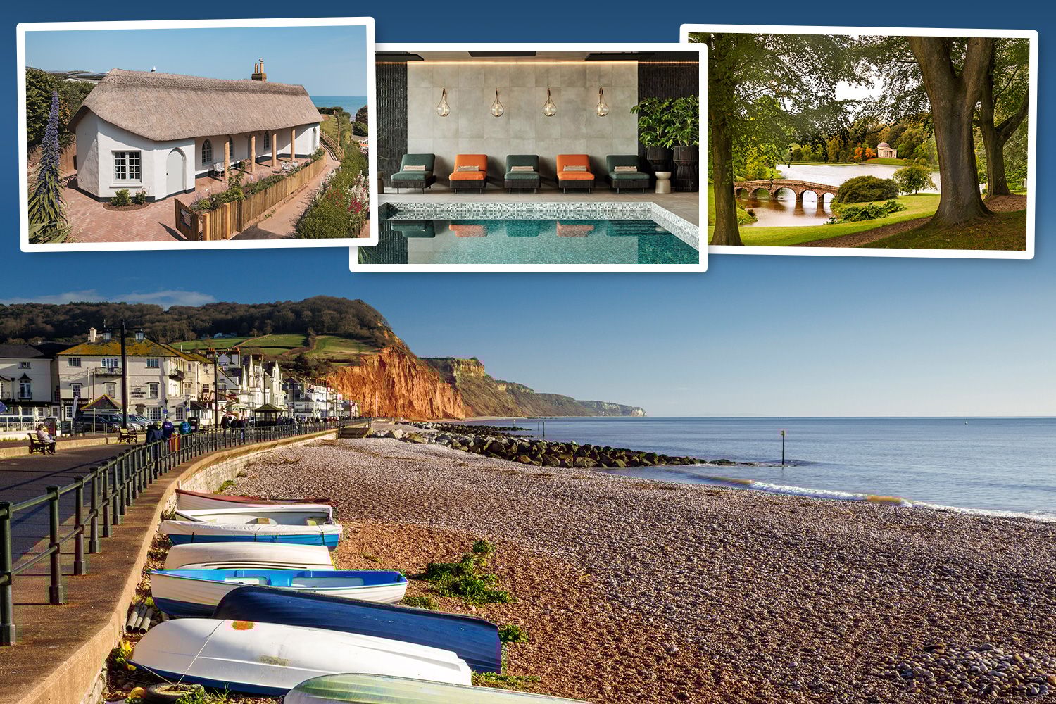 Collage of a thatched cottage, an indoor pool, a garden with a lake and bridge, and a beach with boats and cliffs.