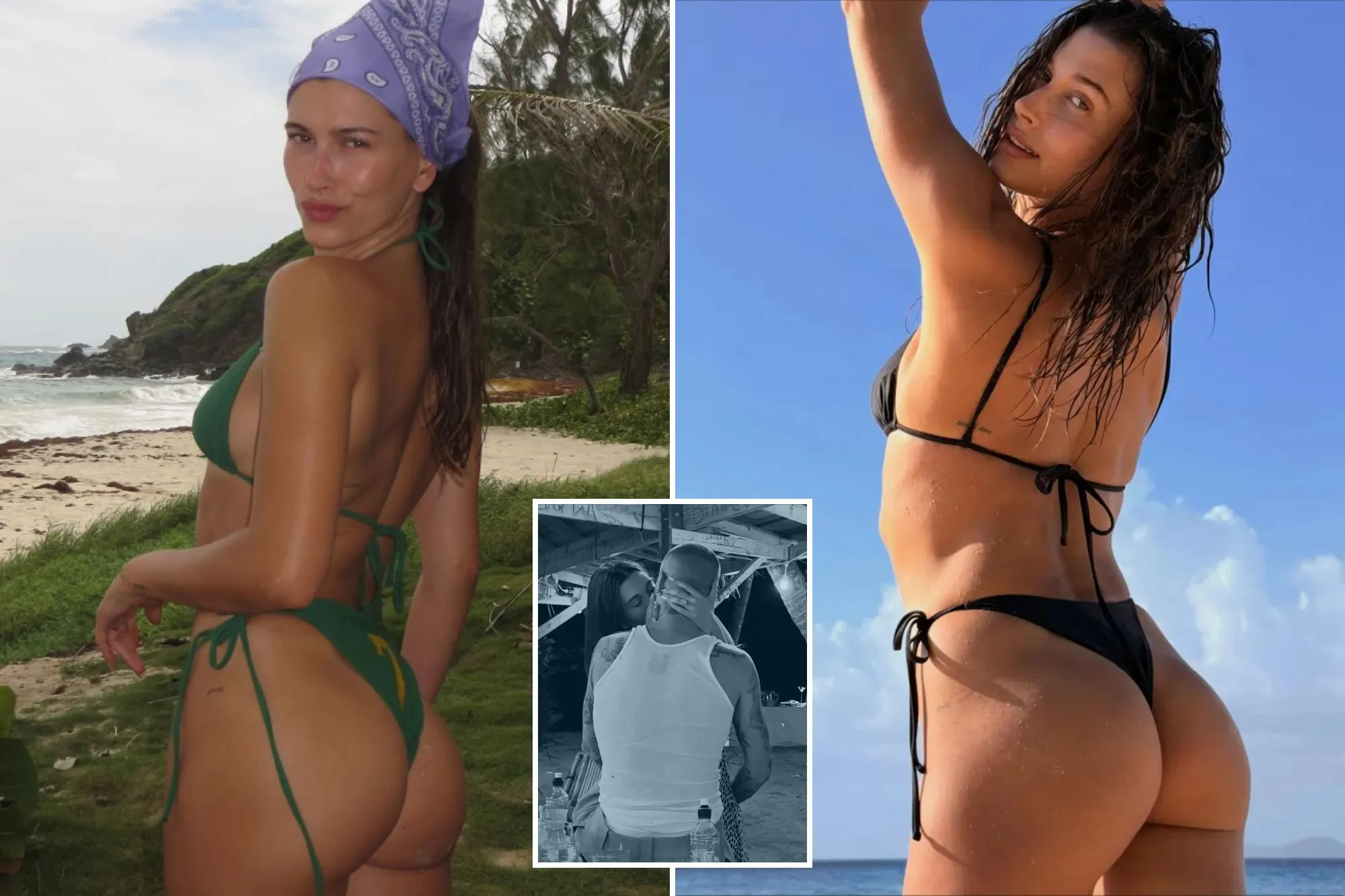 An image collage containing 3 images, Image 1 shows Hailey Bieber in a green string bikini and purple bandana, posing on a beach, Image 2 shows Hailey Bieber in a black string bikini on a beach, Image 3 shows Hailey Bieber kissing Justin Bieber's neck while holding his head, with his back to the camera, wearing a white tank top, showing tattoos on his arms and shoulders