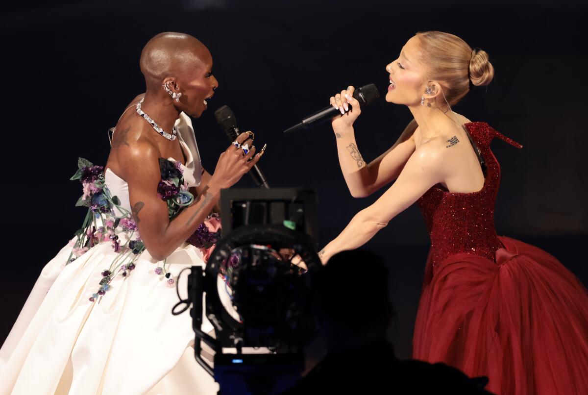 Cynthia Erivo, left, and Ariana Grande perform at the 97th Academy Awards in March.