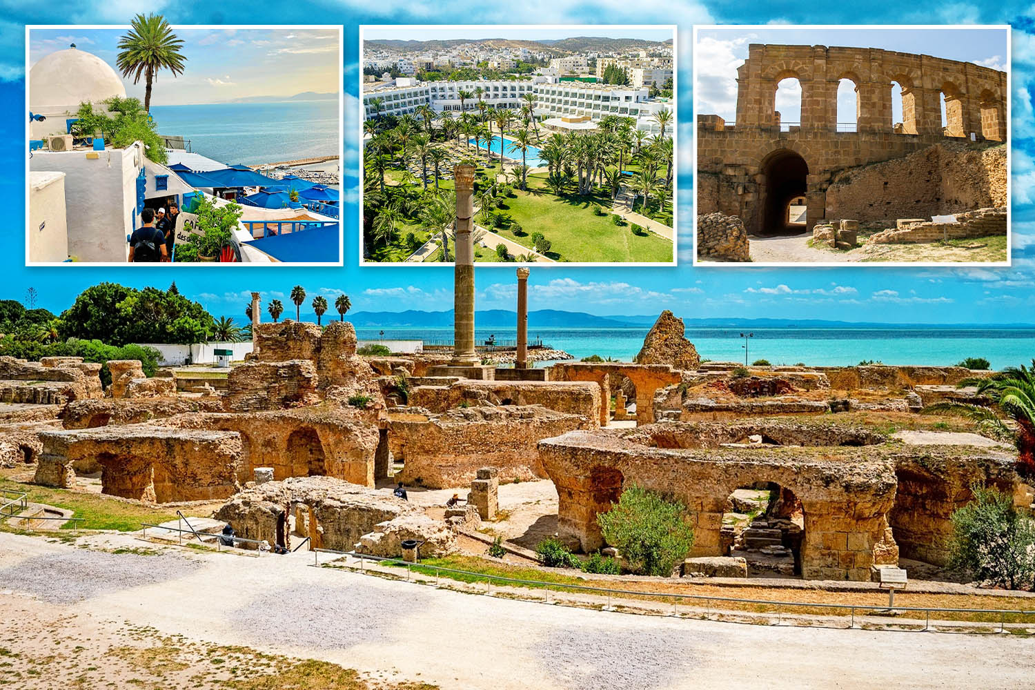 Collage of images showing ancient ruins, coastal town, and a modern hotel with a pool in Tunisia.