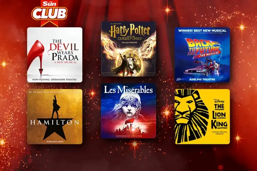 Collage of six musical posters: The Devil Wears Prada, Harry Potter and the Cursed Child, Back to the Future The Musical, Hamilton, Les Misérables, and The Lion King.