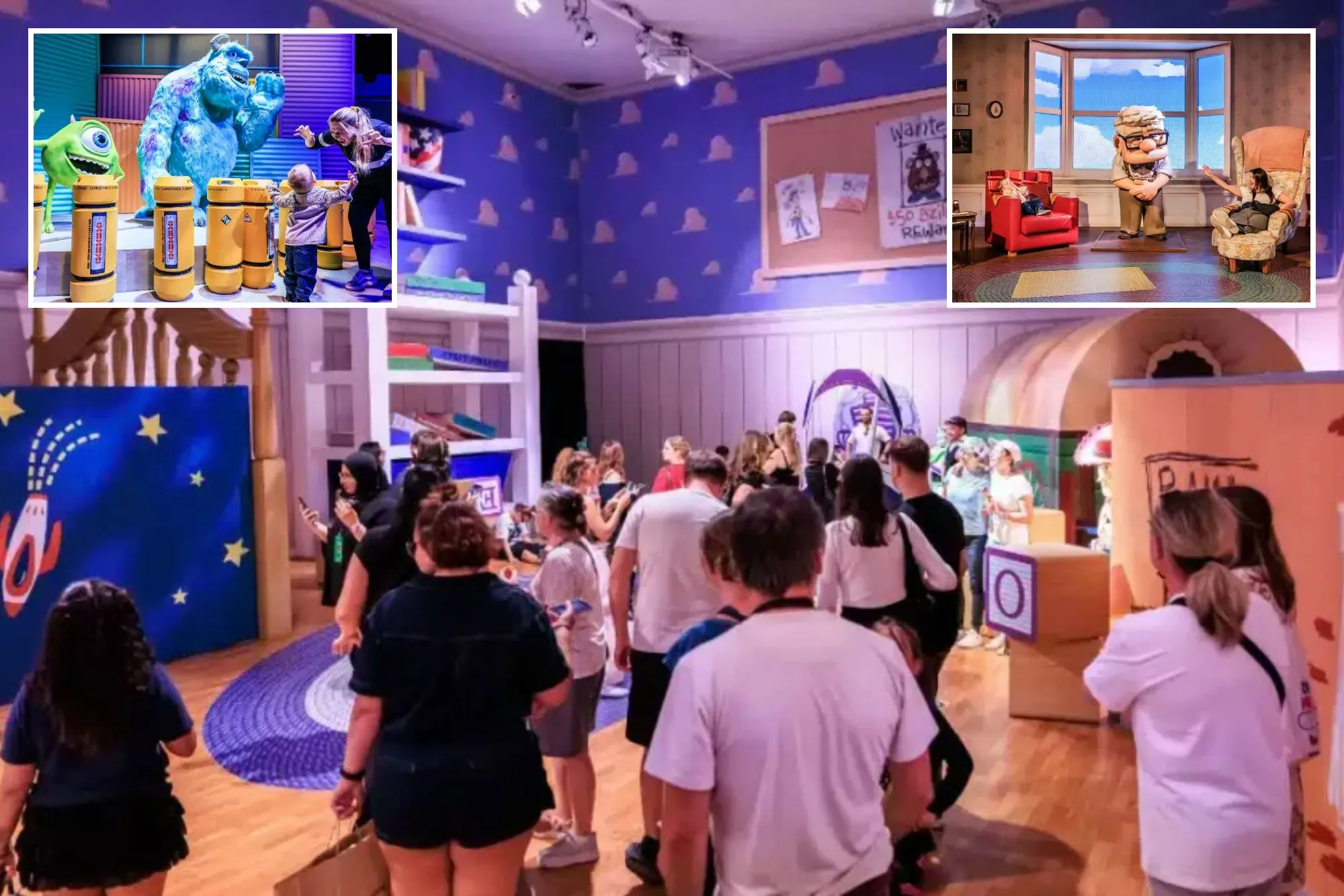 An image collage containing 3 images, Image 1 shows People experiencing a Pixar immersive exhibit designed to look like Andy's room from Toy Story, Image 2 shows A woman and child interact with Sully and Mike Wazowski characters from Monsters Inc, Image 3 shows Mundo Pixar immersive experience with a large model of Carl Fredricksen from Up, two people in armchairs, and a window displaying a sky with clouds