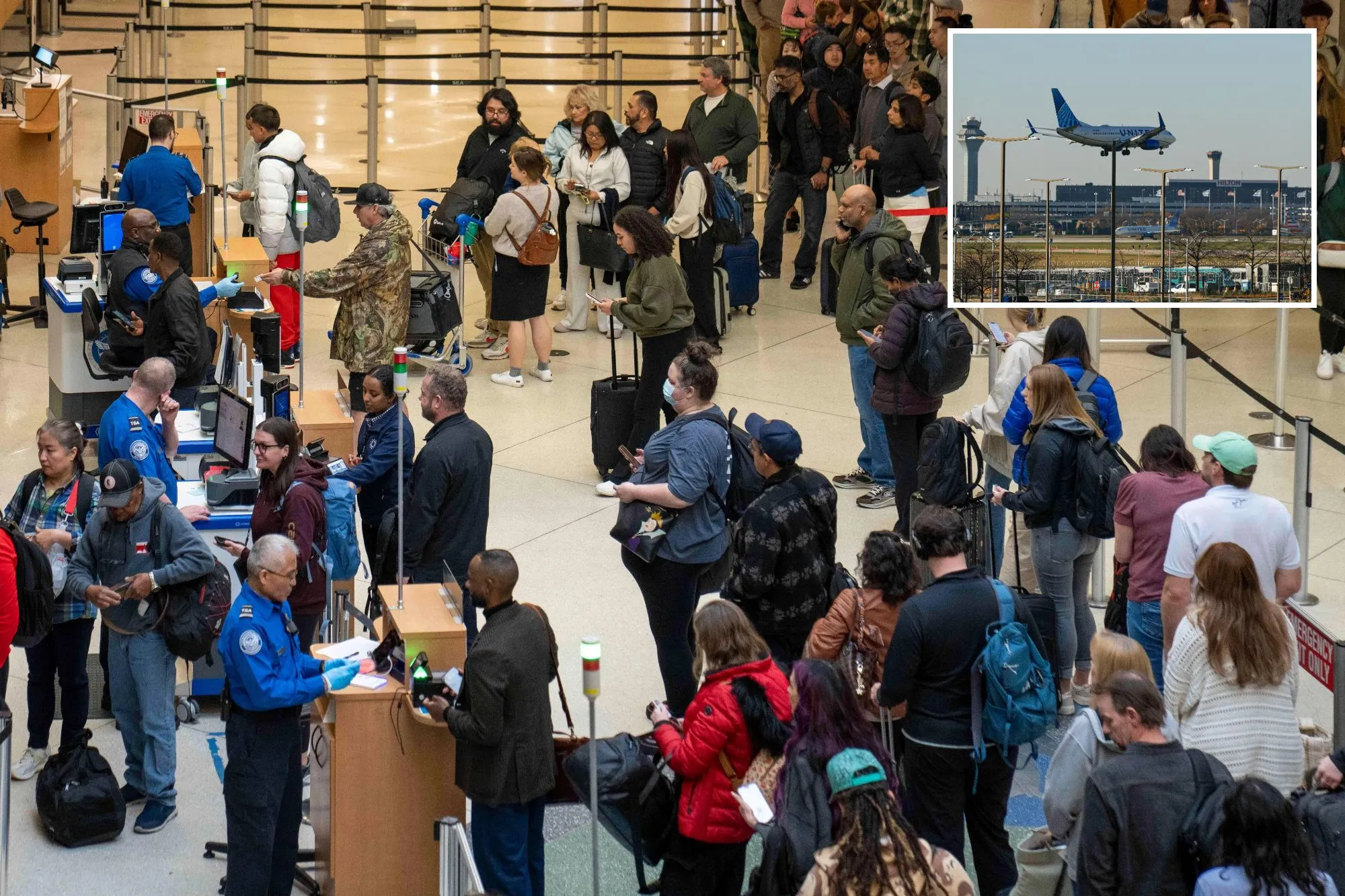 An image collage containing 2 images, Image 1 shows November 7, 2025, Seatac, Washington, USA: People wait in line at a crowded TSA security checkpoint at Seattle-Tacoma International Airport in SeaTac, Washington, USA, on Fri., Nov. 7, 2025. As the federal government shutdown continues, the FAA has w, Image 2 shows US-POLITICS-GOVERNMENT-SHUTDOWN-AIR TRAFFIC