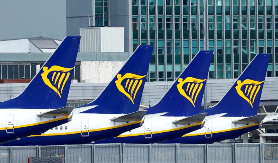 Four Ryanair aircraft tails.