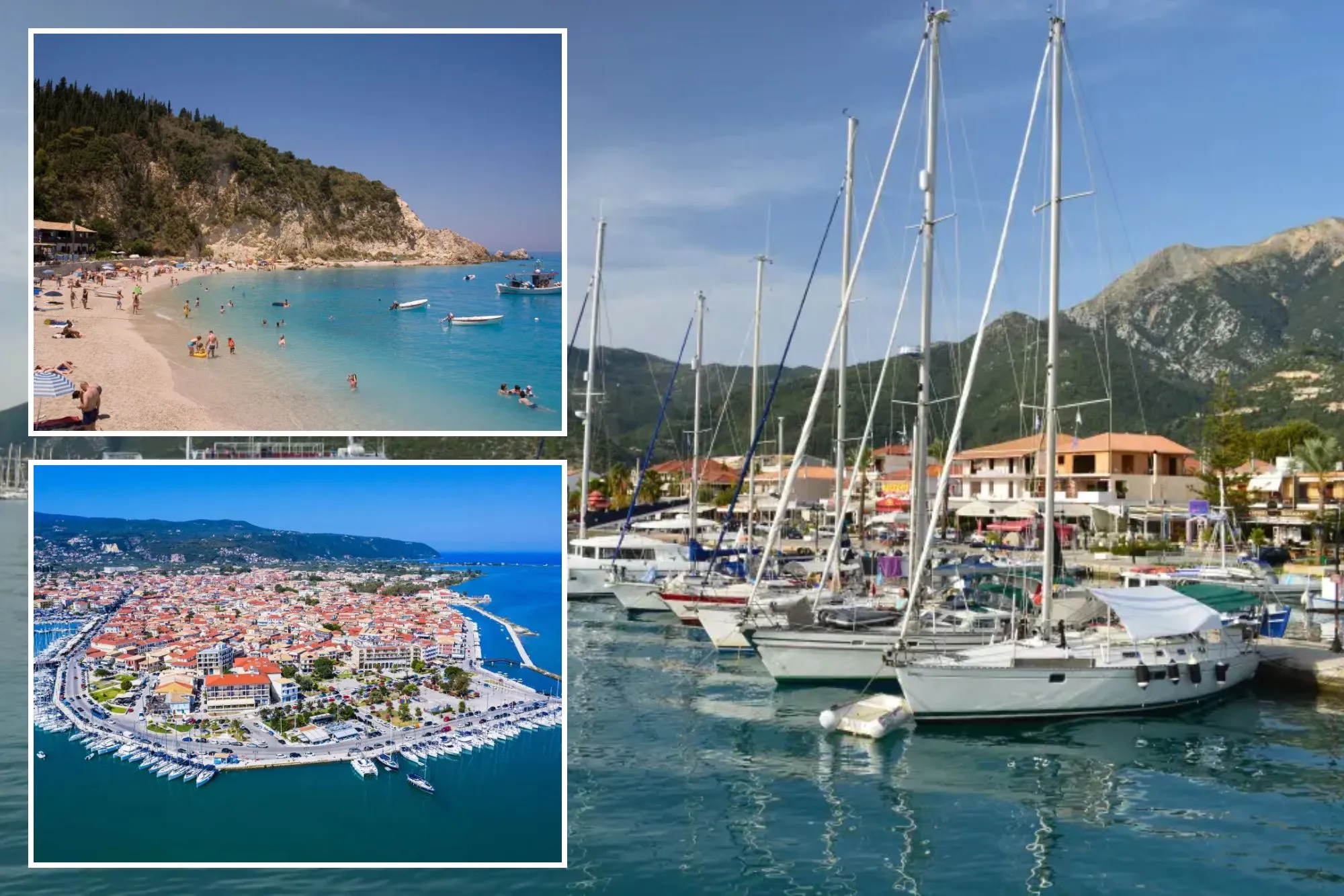 An image collage containing 3 images, Image 1 shows Ferryboat and yachts anchored in the green waters of Nydri port, Lefkata Island, Greece, Image 2 shows Aghios Nikitas beach in Lefkada, Greece, with people swimming and sunbathing, and boats in the water, Image 3 shows Aerial view of Lefkada city, Greece, showing the town's buildings, marina with boats, and surrounding water and hills