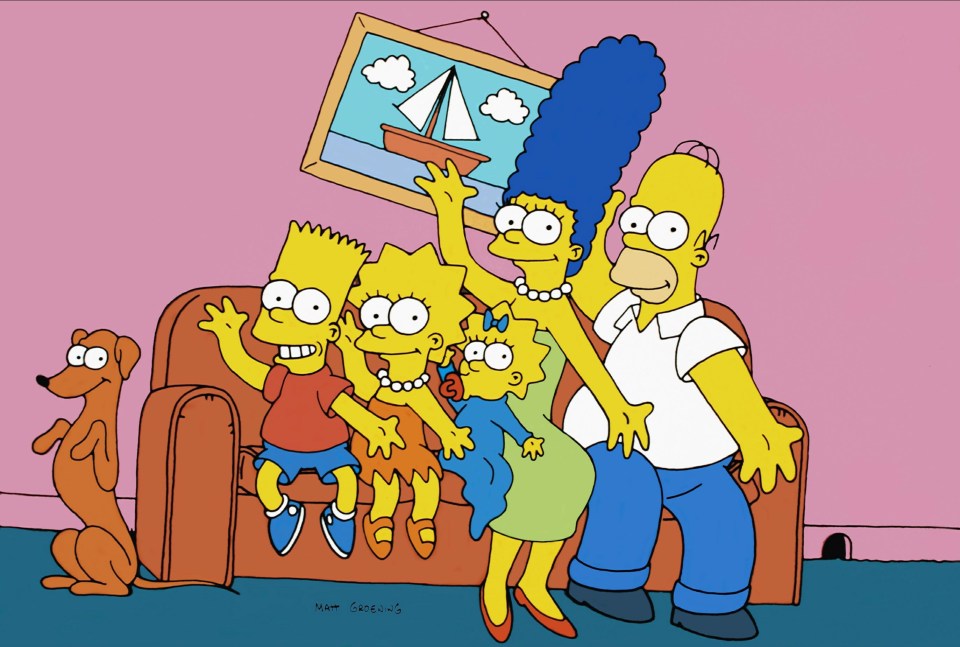 Illustration of The Simpsons family, Homer, Marge, Bart, Lisa, Maggie, and Santa's Little Helper, on a couch.