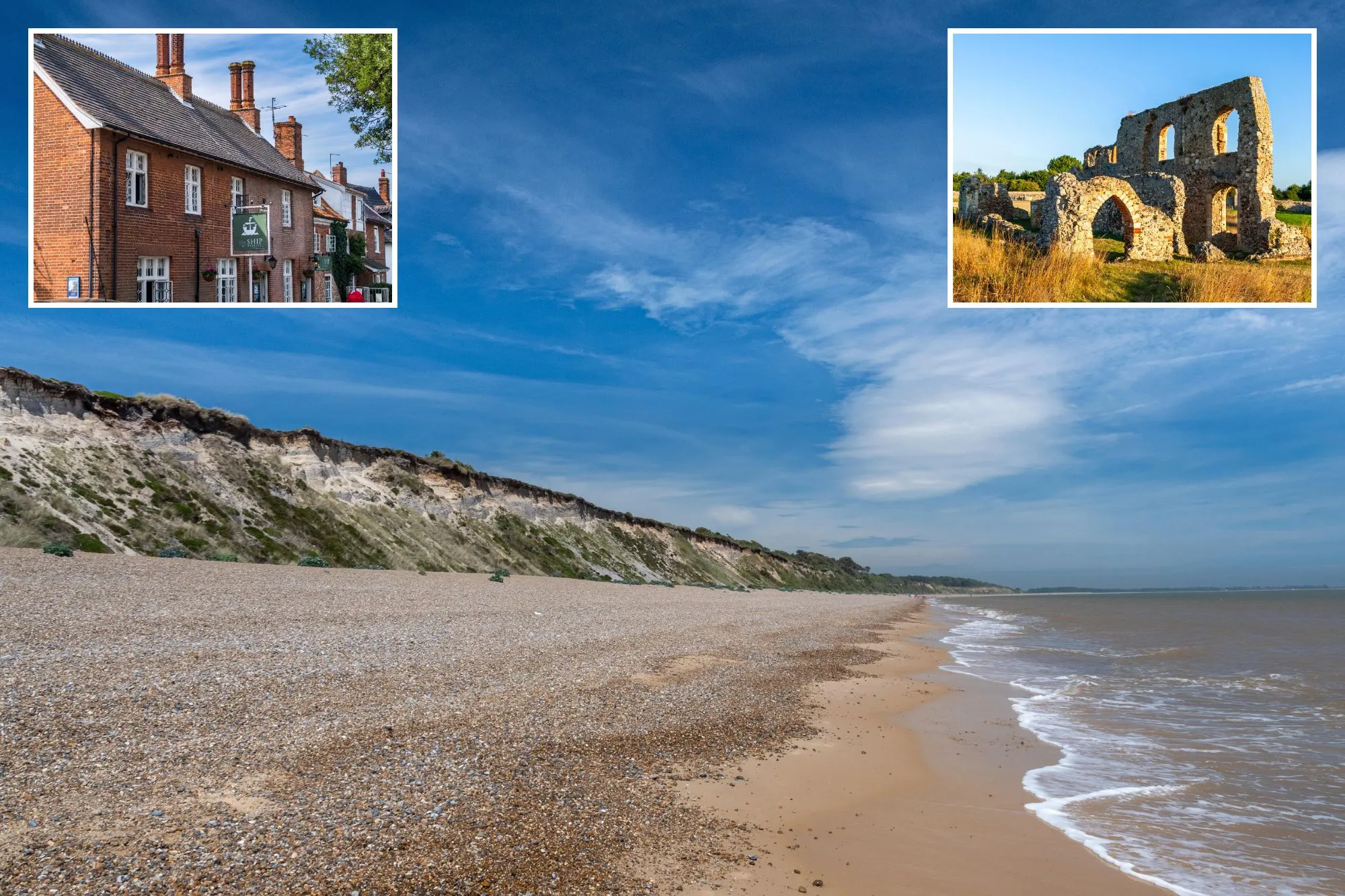 An image collage containing 3 images, Image 1 shows Dunwich beach with pebbled and sand shore next to white cliffs and blue sky, Image 2 shows Adnams' Ship Inn in Dunwich, Suffolk, England, Image 3 shows Agricultural ruins near the village of Dunwich, England