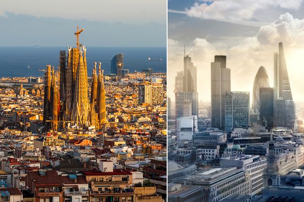 Split image of Barcelona and London