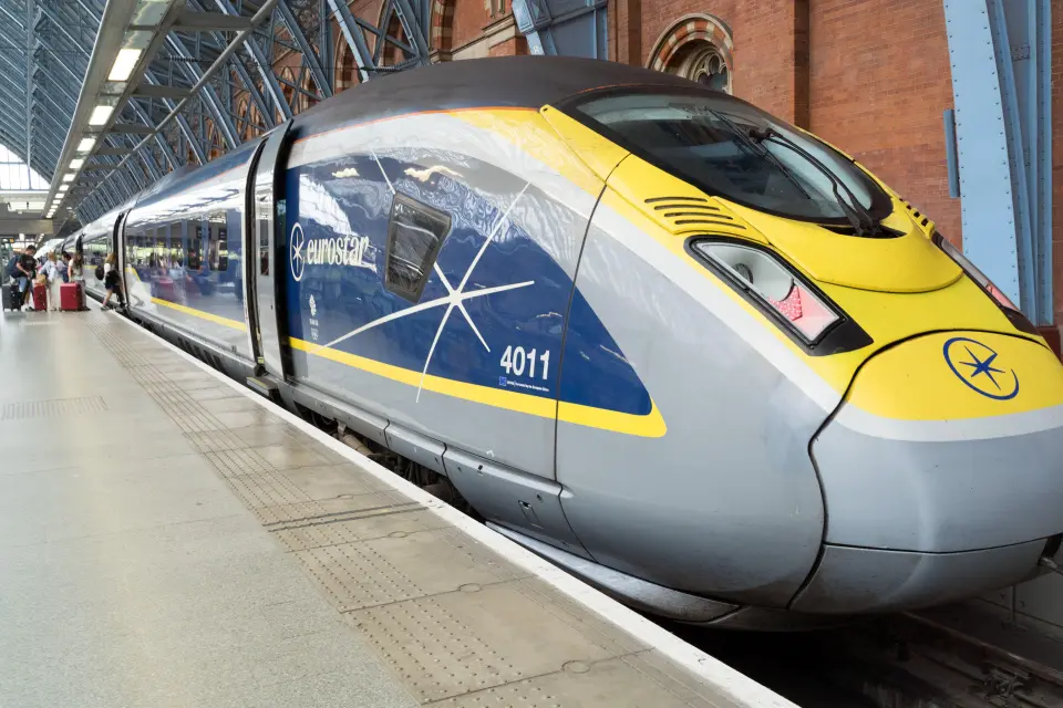 Front view of a Eurostar train on a platform at St Pancras International Station, London, UK.