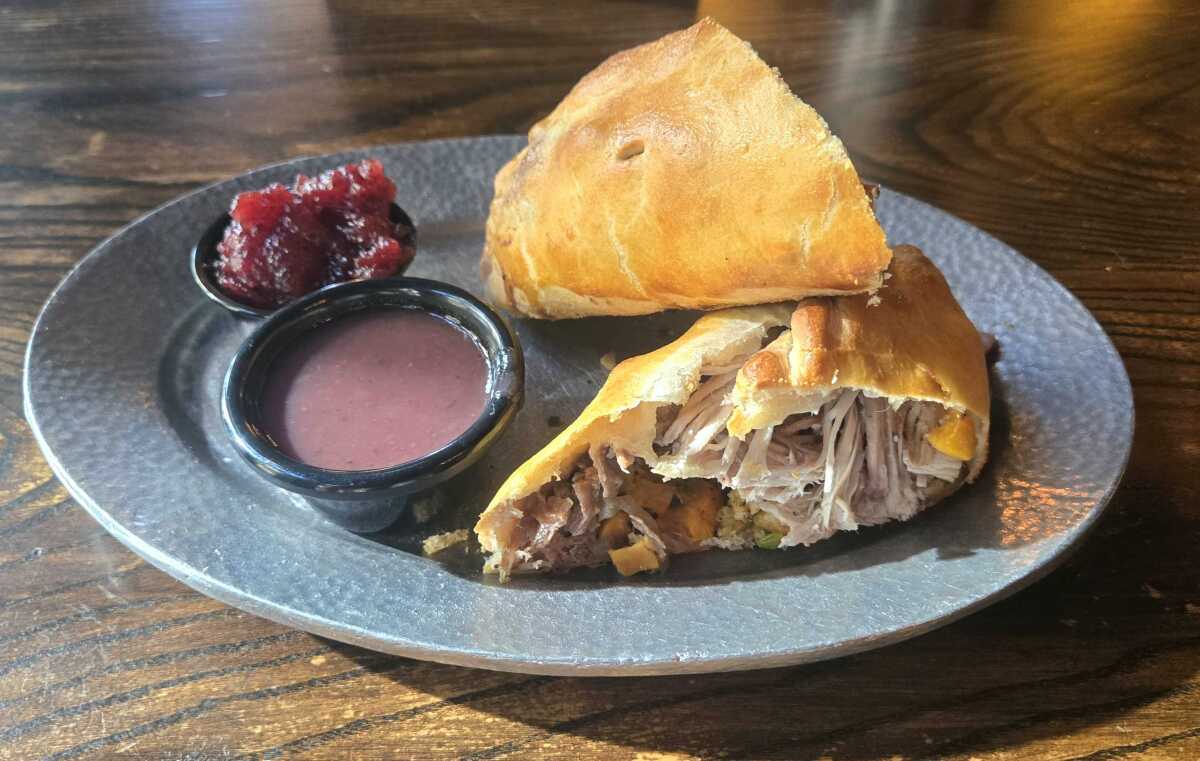 The Pilgrim from Cornish Pasty Co. in Phoenix. The pie is filled with roasted turkey, onions, sweet potatoes and stuffing.