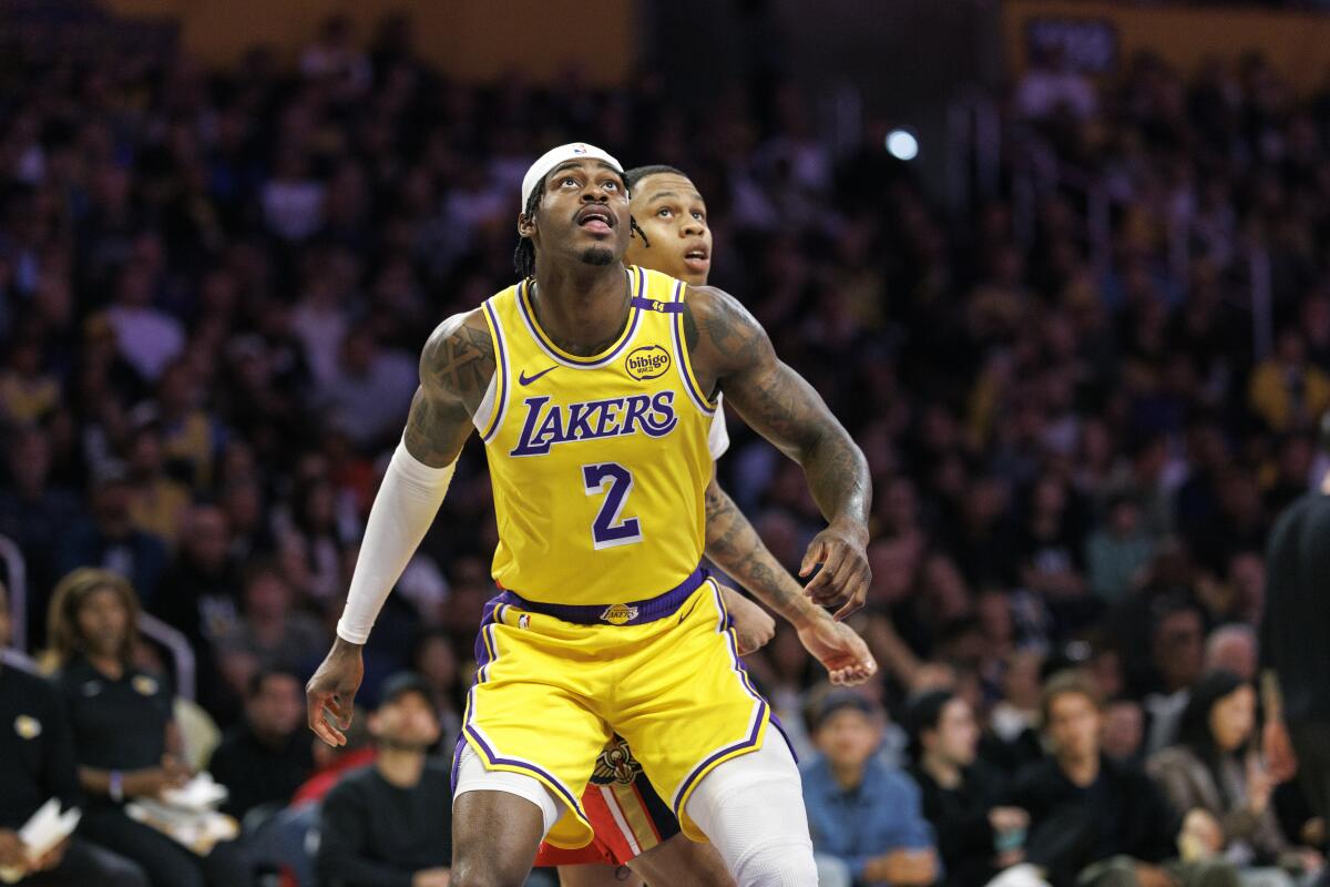 Lakers forward Jarred Vanderbilt waits for a rebound.