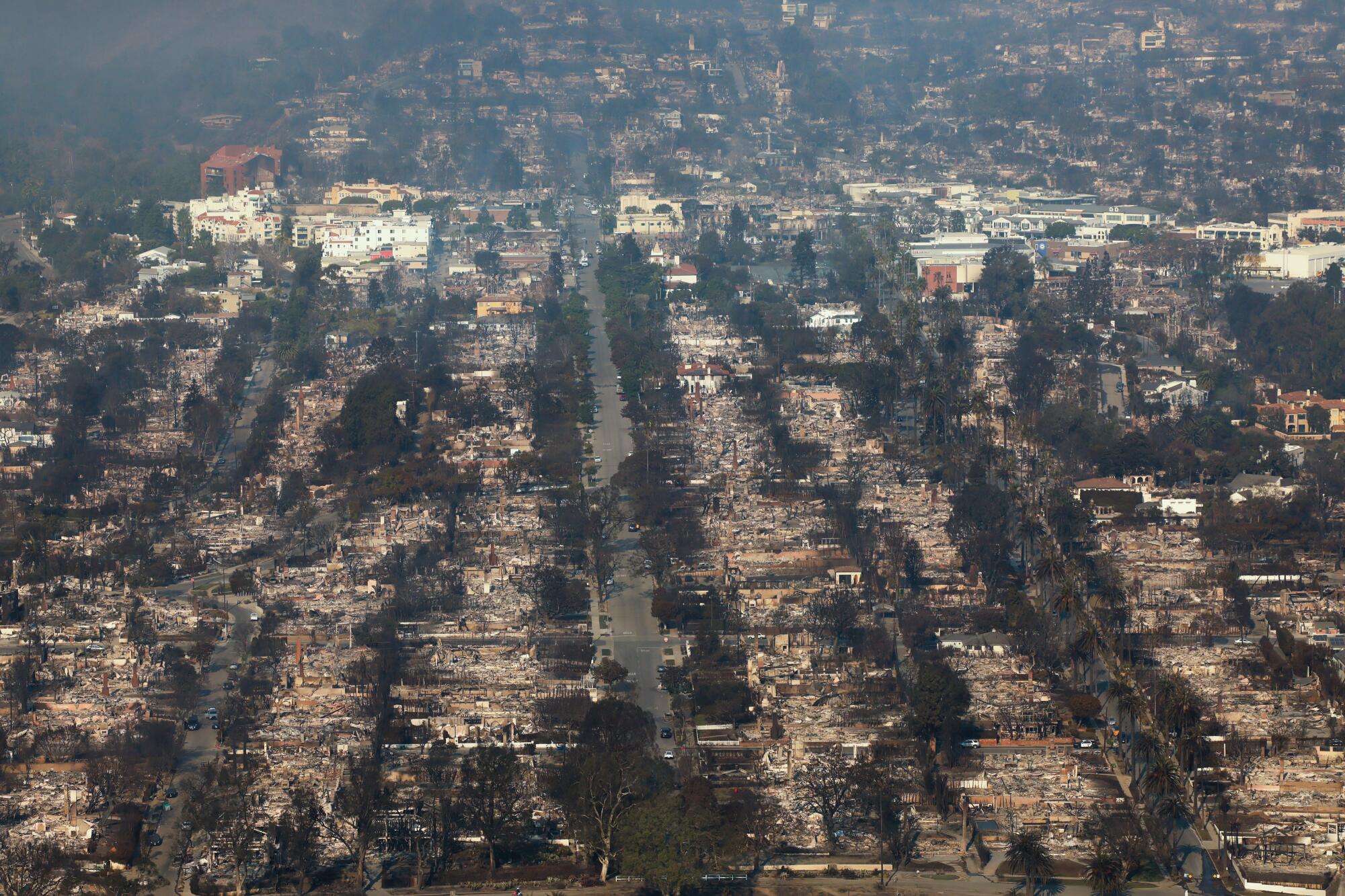 A Jan. 9 aerial view of neighborhoods destroyed by the Palisades fire.