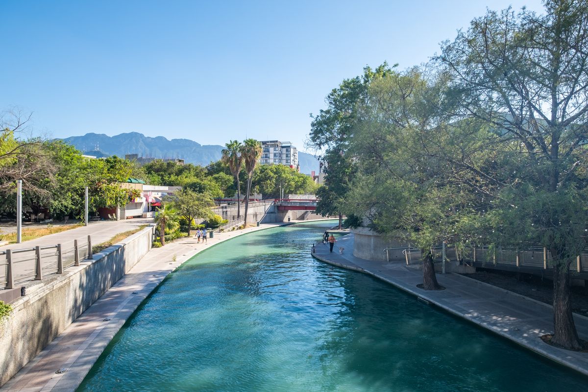 The beautiful Santa Lucia Riverwalk in Monterrey, Mexico on a sunny day