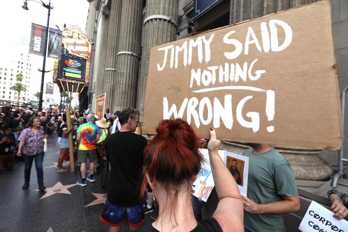 Protesters outside the Jimmy Kimmel Theater in September 2025. 