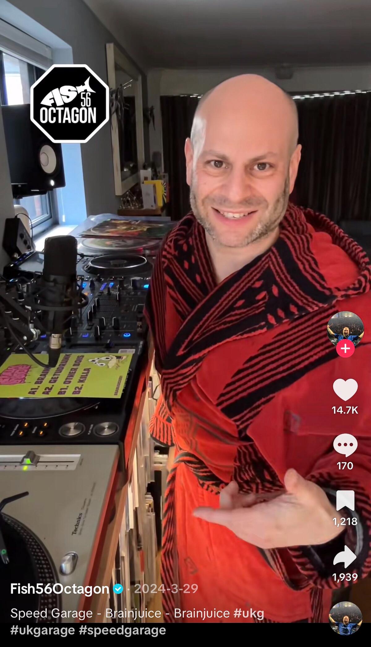 Screen shot of Fish DJing on TikTok in his bathrobe