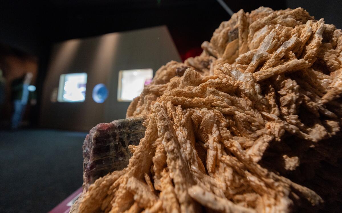 a crunchy spindly hunk of rock that looks orangish brown under a museum exhibit light.