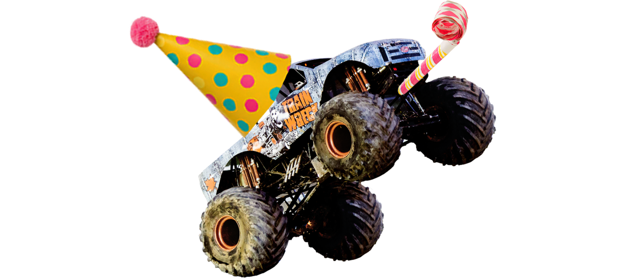 monster truck wearing a party hat and blowing a party favor horn