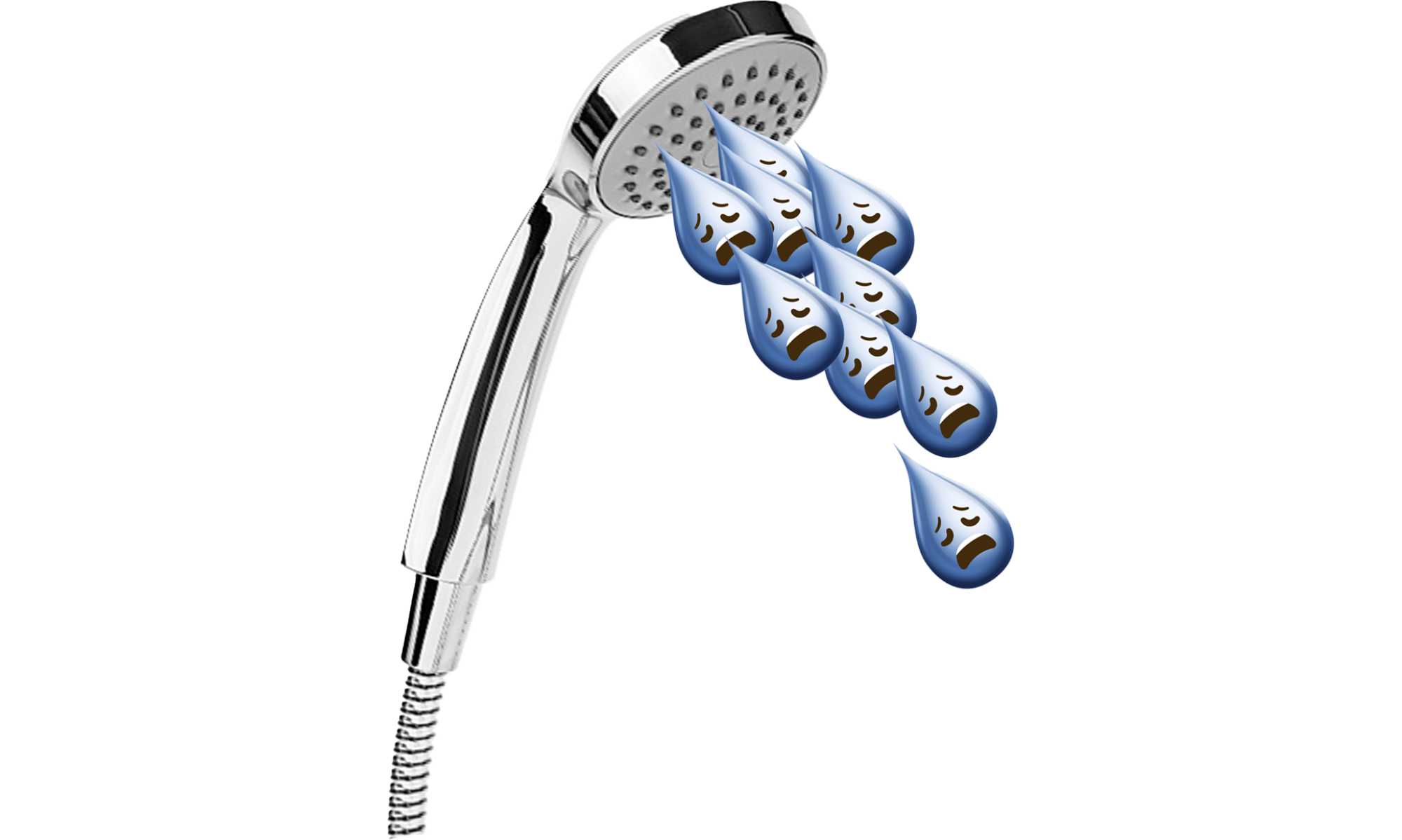 photo illustration of a showerhead with crying tear emoji coming out