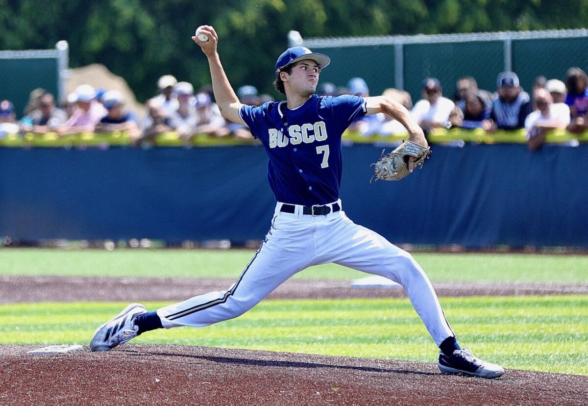 St. John Bosco closer Jack Champlin struck out three of the seven batters he faced to earn the save against Patrick Henry.