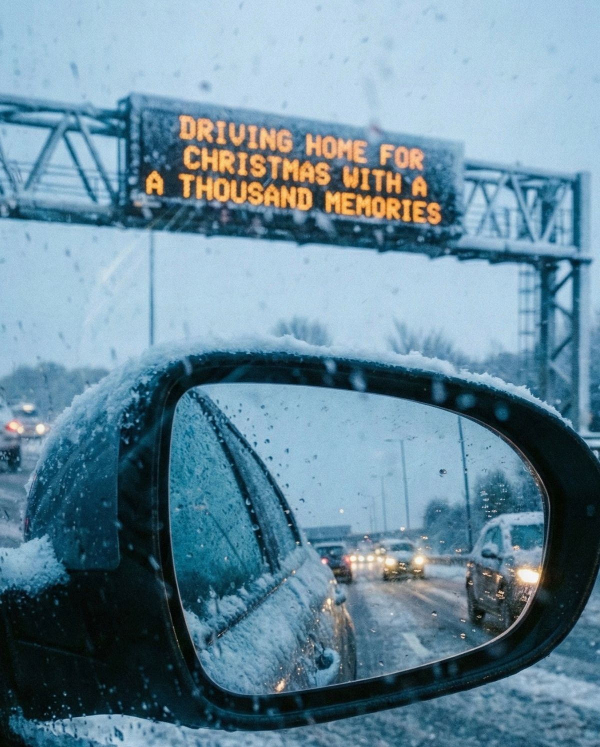 A snowy motorway with traffic and a road sign stating 'Driving home for Christmas with a thousand memories'