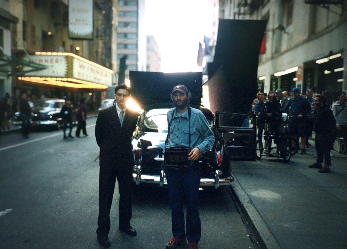 Timothee Chalamet, left, and Josh Safdie BTS on "Marty Supreme."