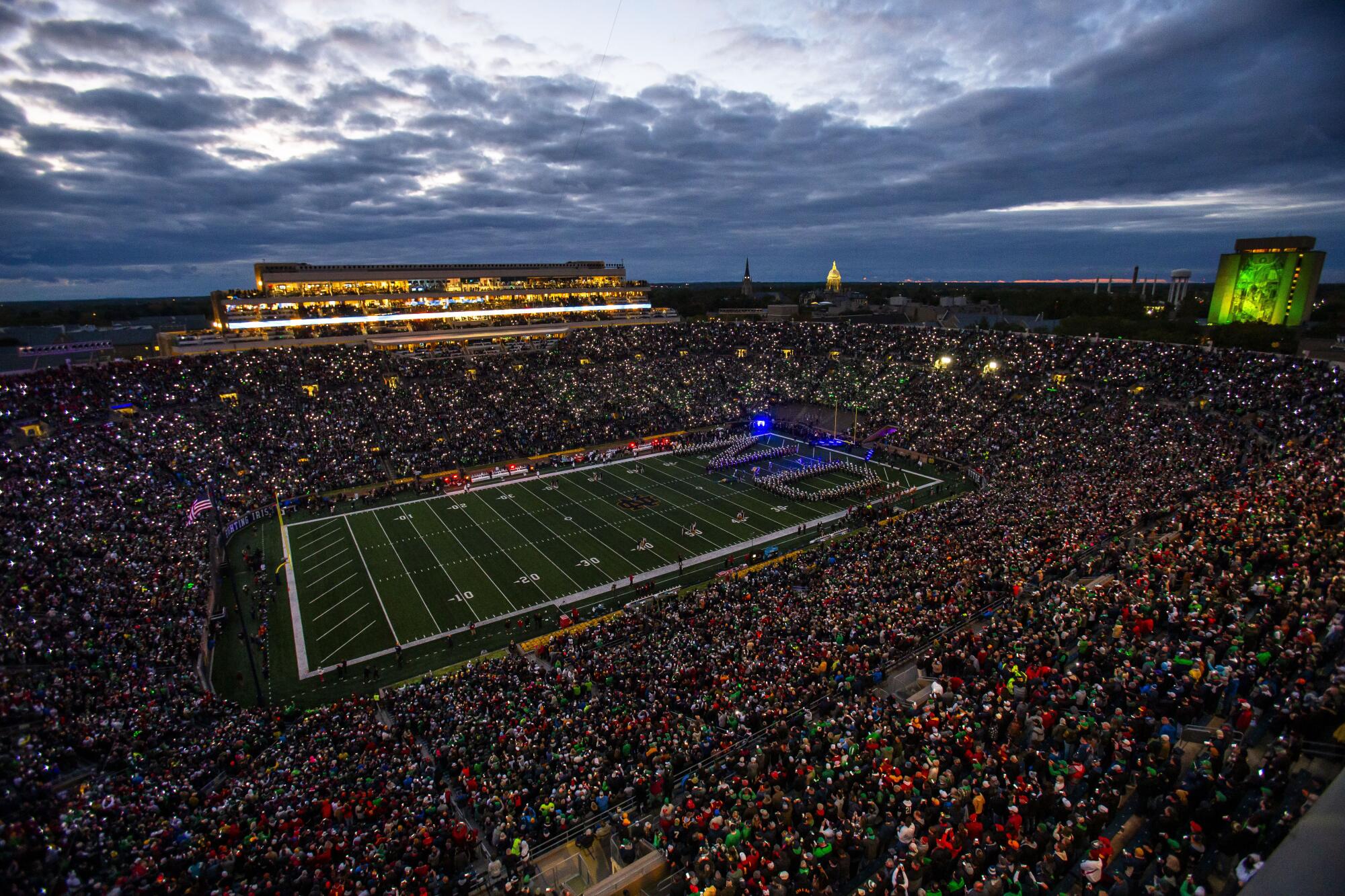 USC and Notre Dame prepare to play in a packed Notre Dame Stadium in October 2023.