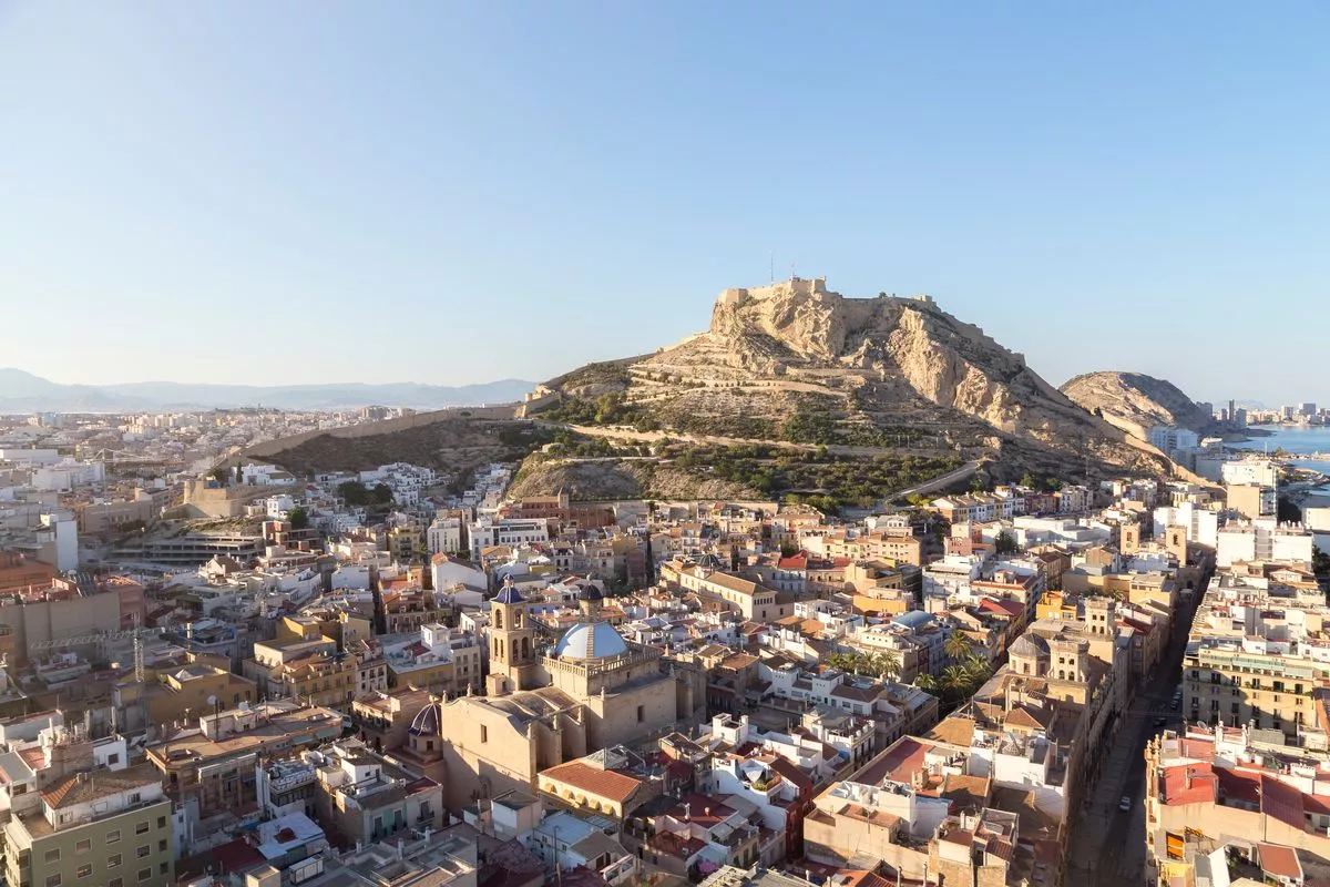 High angle view of Alicante at sunset.