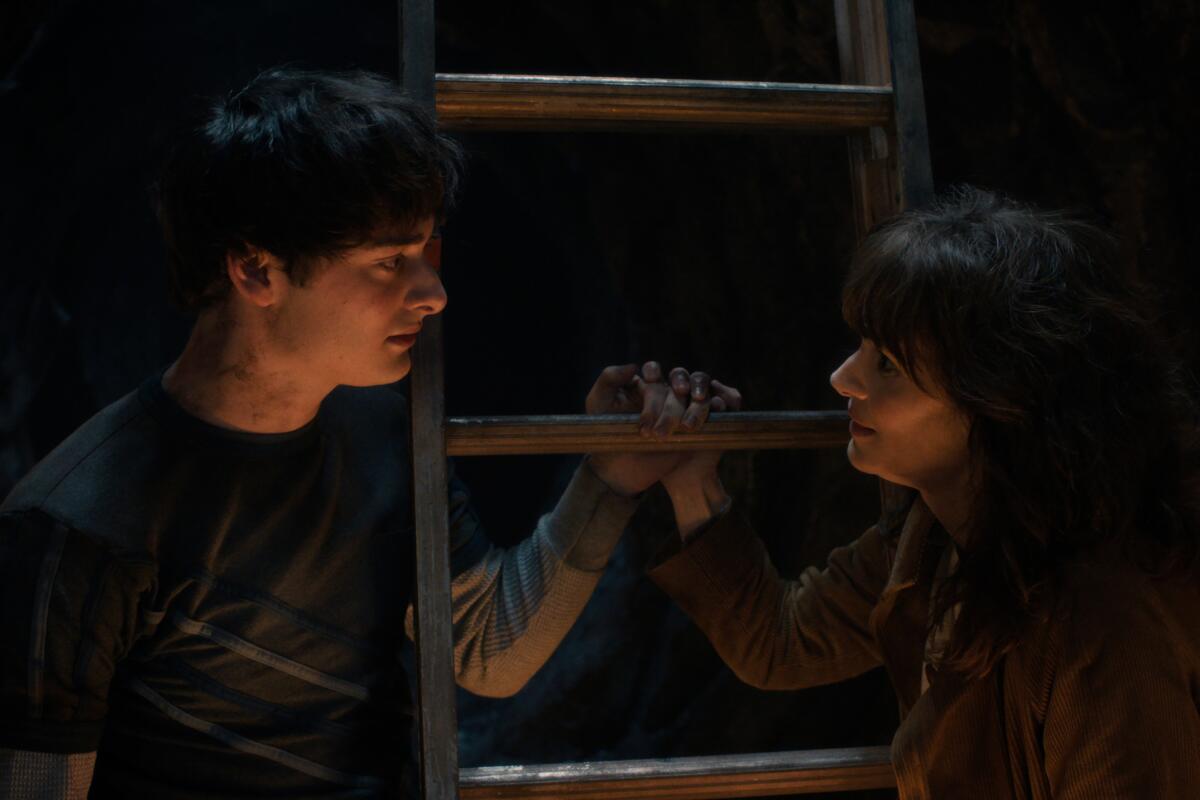 A teenage boy faces a woman while they both hold onto a ladder rung.