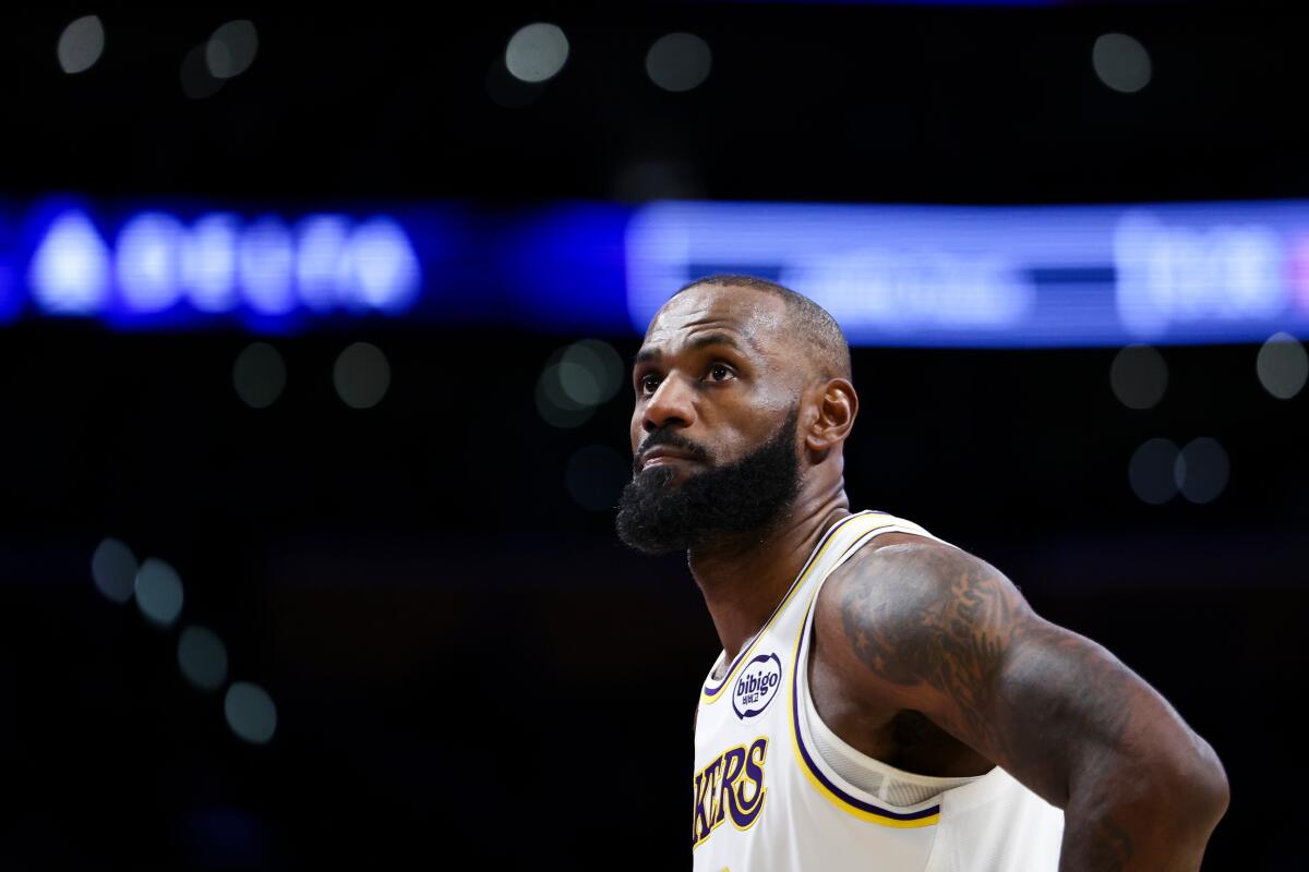 Lakers forward Lebron James looks across the arena during a game against the Sacramento Kings on Dec. 28.