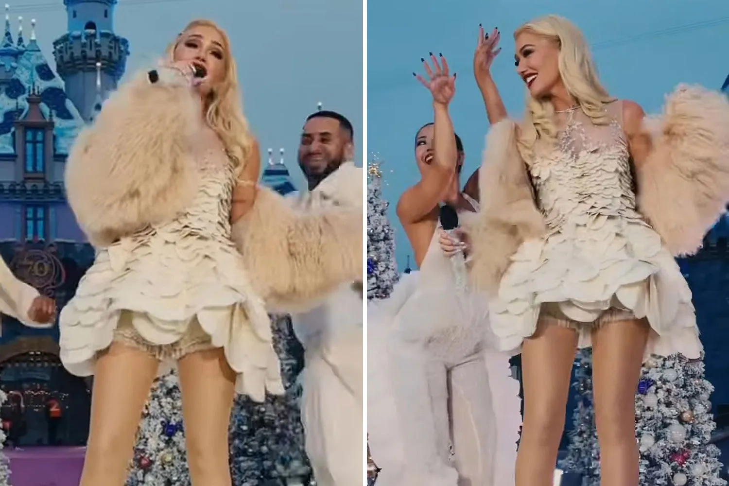 Collage of Gwen Stefani performing on stage wearing a white feathered dress with fluffy sleeves, next to other performers.